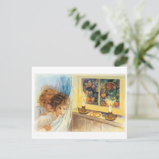 昔ながらのハロウィーン、少女と魔女の出会い ポストカード (スタンド正面)