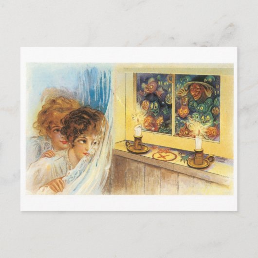 昔ながらのハロウィーン、少女と魔女の出会い ポストカード (正面)