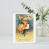 昔ながらのハロウィーン、少年がカボチャのランタンを作る ポストカード (スタンド正面)