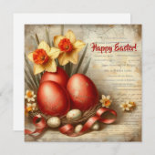 昔ながらのレトロな赤いイースターエッグの水仙 シーズンカード (正面/裏面)
