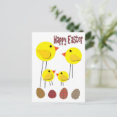 昔ながらの黄色い鶏の家族とイースターの卵 シーズンポストカード (スタンド正面)