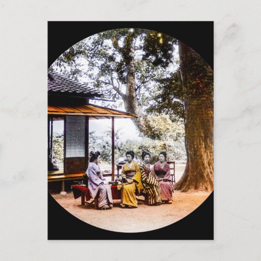 昔の茶屋の屋敷越しに遊ぶ芸者 ポストカード (正面)