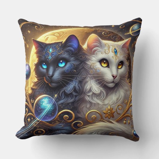 星々の中の神秘的な猫の芸術作品 クッション (正面)