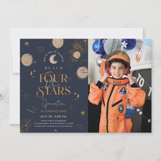 星から手を伸ばす誕生日写真招待状 招待状 (正面)