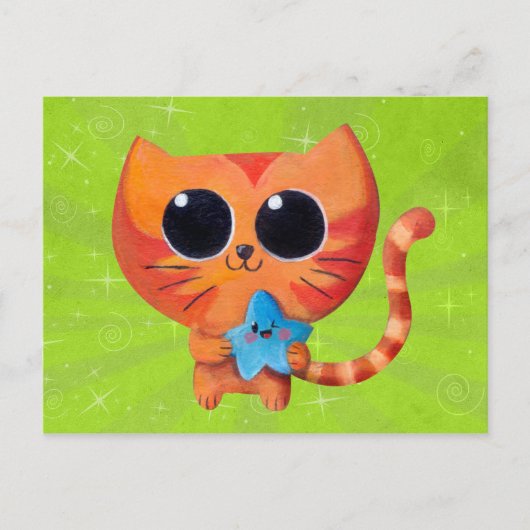 星が付いたかわいいオレンジ色の猫 ポストカード (正面)