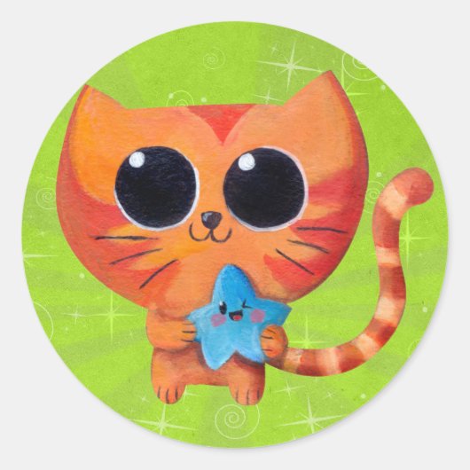 星が付いたかわいいオレンジ色の猫 ラウンドシール (正面)