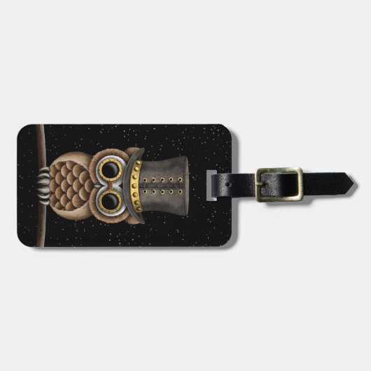 星が付いている枝のSteampunkのかわいいフクロウ ラゲッジタグ (正面横)