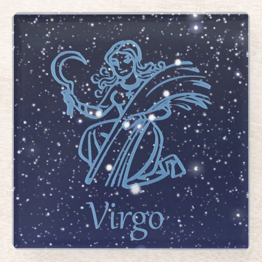 星が付いている《星座》乙女座の星座および(占星術の)十二宮図の印 ガラスコースター (正面)