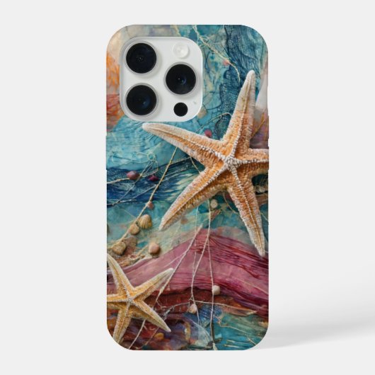 星が輝く砂と海、海の生き物たち  iPhoneケース (裏面)