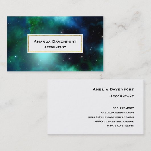 星でいっぱいの美しい緑の星雲 名刺 (正面/裏面)