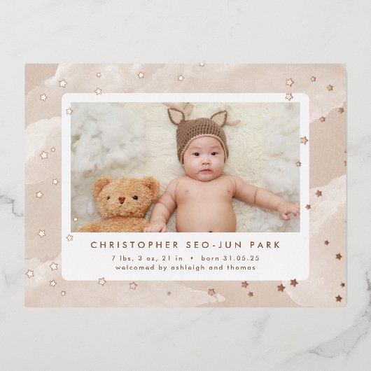 星とかわいいお誕生発表 箔招待状ポストカード (正面)