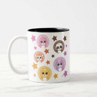 星ときらめくかわいい動物の顔マグカップ ツートーンマグカップ