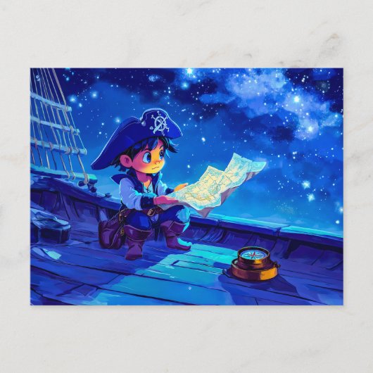 星とコンパスで飛行する小さな海賊 ポストカード (正面)