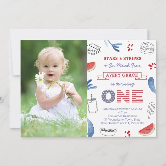 星とストライプおもしろいと非常に多くの誕生日パーティー 招待状 (正面)