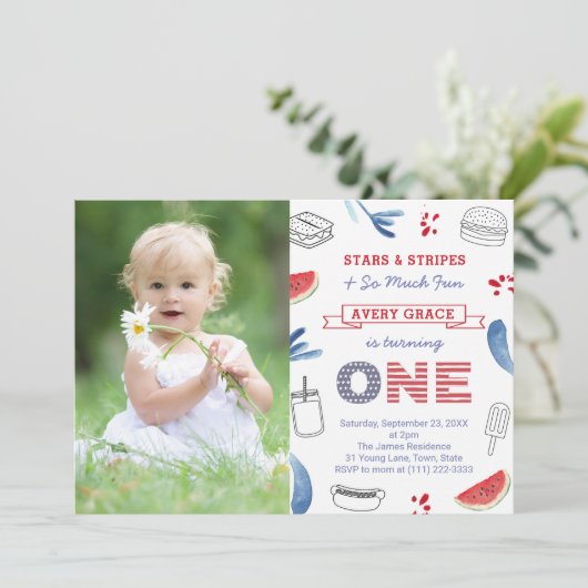星とストライプおもしろいと非常に多くの誕生日パーティー 招待状 (スタンド正面)