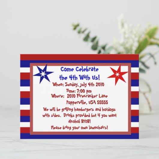 星とストライプのパーソナライズされた7月4日 招待状 (スタンド正面)