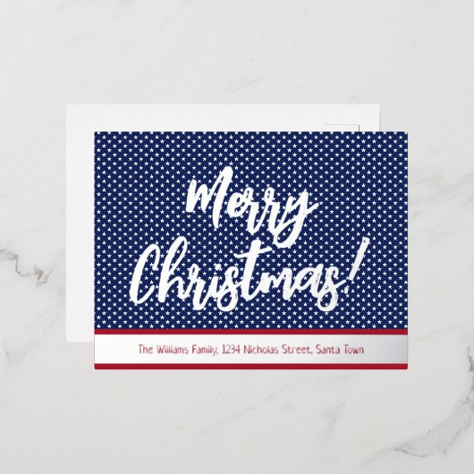 星とストライプ銀文字メリークリスマス 箔シーズンポストカード (正面/裏面)