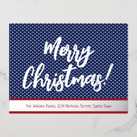 星とストライプ銀文字メリークリスマス 箔シーズンポストカード (正面)