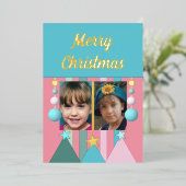 星とビーズの楽しいクリスマス写真 ピンク 箔シーズンカード (立ち正面)