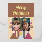 星とビーズの楽しいクリスマス写真 ブラウン 箔シーズンカード (正面)