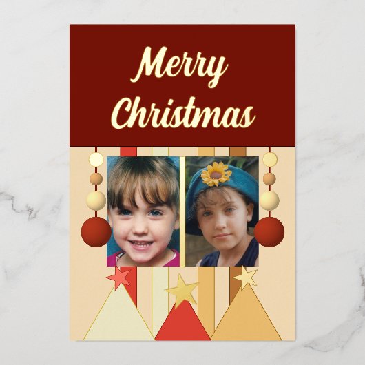 星とビーズの楽しいクリスマス写真 ワインレッド 箔シーズンカード (正面)