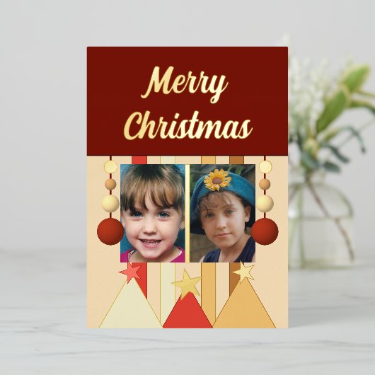 星とビーズの楽しいクリスマス写真 ワインレッド 箔シーズンカード (立ち正面)