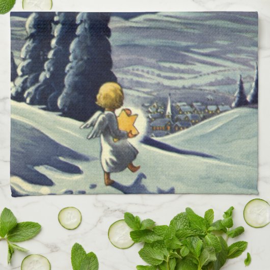 星とヴィンテージクリスマススノーエンジェル歩く キッチンタオル (折り畳み)