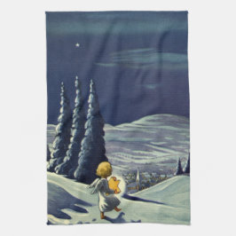 星とヴィンテージクリスマススノーエンジェル歩く キッチンタオル