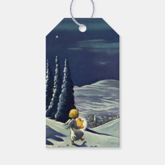 星とヴィンテージクリスマススノーエンジェル歩く ギフトタグ (正面)