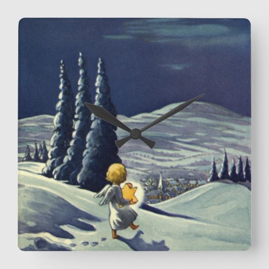 星とヴィンテージクリスマススノーエンジェル歩く スクエア壁時計 (正面)