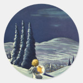 星とヴィンテージクリスマススノーエンジェル歩く ラウンドシール (正面)