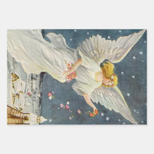 星とヴィンテージビクトリアンクリスマスエンジェルバラ ラッピングペーパーシート (正面)