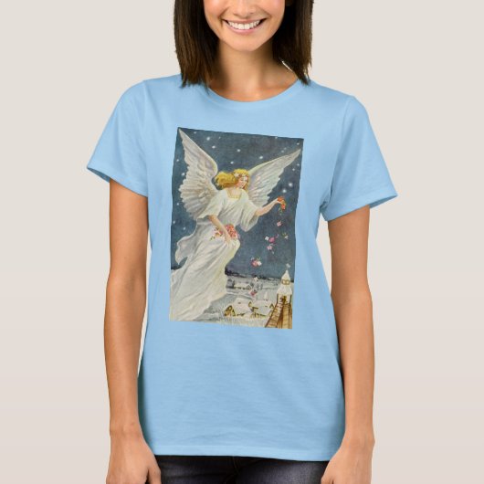 星とヴィンテージビクトリアンクリスマスエンジェルバラ Tシャツ (正面)
