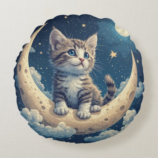 星と三日月の上のかわいい子猫 ラウンドクッション (正面)