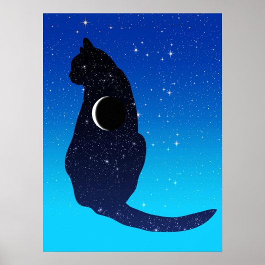 星と三日月の猫のパターン ポスター (正面)