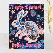 星と卵の空のウサギ カード (黄色い花)