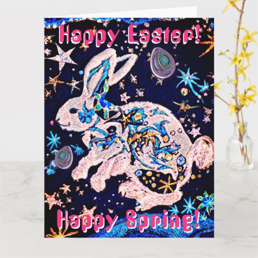 星と卵の空のウサギ カード (黄色い花)
