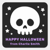 星と可愛いスカルブラックパープルハッピーハローウィン スクエアシール (正面)