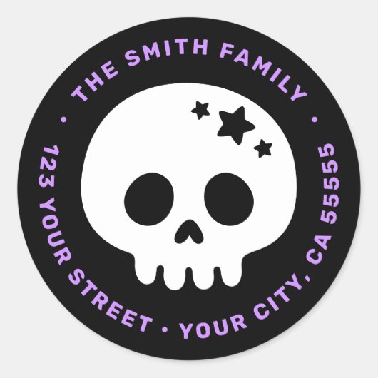 星と可愛いスカルブラックパープル差出人住所 ラウンドシール (正面)