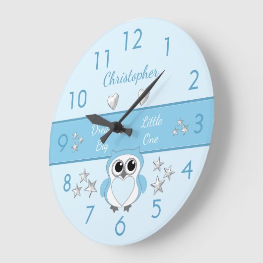 星と名前の付いた可愛いフクロウの青 ラージ壁時計 (傾斜)