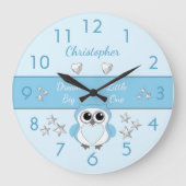 星と名前の付いた可愛いフクロウの青 ラージ壁時計 (正面)