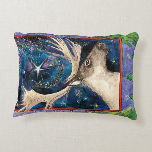 星と夜のクリスマスのトナカイ輝くア アクセントクッション (裏面)