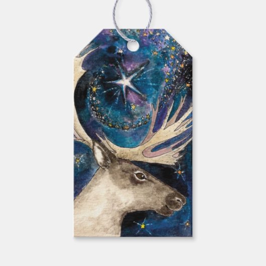 星と夜のクリスマスのトナカイ輝くア ギフトタグ (正面)