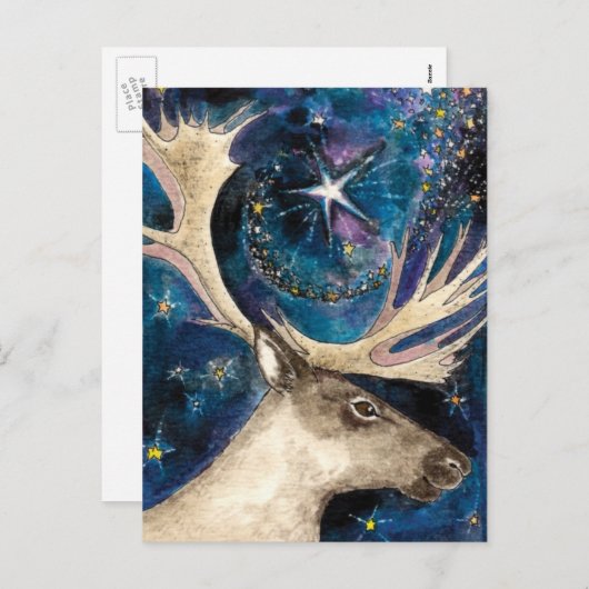 星と夜のクリスマスのトナカイ輝くア シーズンポストカード (正面/裏面)