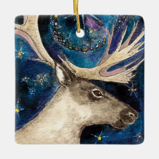 星と夜のクリスマスのトナカイ輝くア セラミックオーナメント (正面)