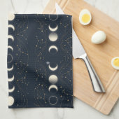 星と夜を添えたミニマリスト月相パターン キッチンタオル (四つ折り)