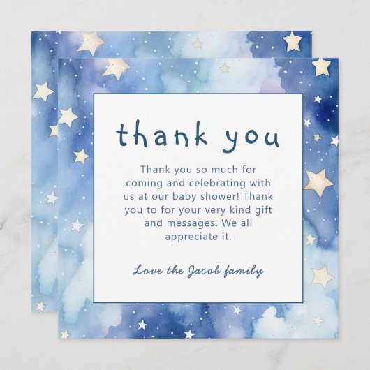 星と夜空の赤ちゃんシャワー青感謝していあなた 招待状 (正面/裏面)