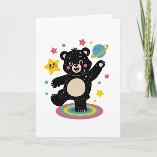 星と惑星を持つコズミックベア – かわいい宇宙 カード (正面)