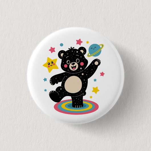 星と惑星を持つコズミックベア – かわいい宇宙 缶バッジ (正面)