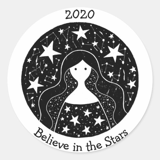 星と星座の女性の女神B/W ラウンドシール (正面)
